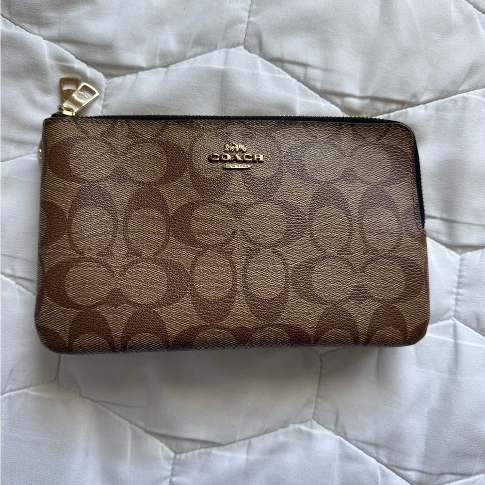 Coach Tan and Gold Monogram Wristlet